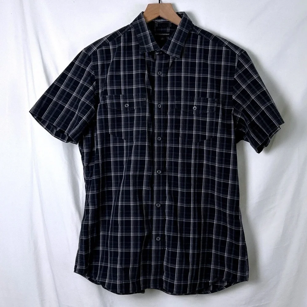 Banana Republic Mens Short Sleeve Plaid Button Down Shirt Black Size L Stretch